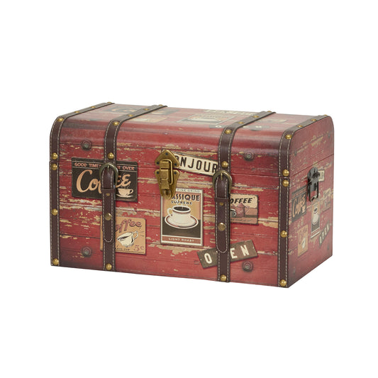 Household Essentials Medium Decorative Trunk, Coffee Shop Faux Decoupage, Antique Exterior, Leather and Metal Accents, Fabric Interior, Hinged Lid, Brown