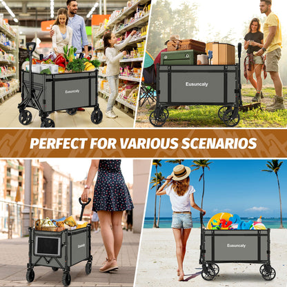 Eusuncaly Collapsible Wagon with Wheels, Wagons Carts Foldable, Heavy Duty Folding Utility Cart for Grocery, Camping, Shopping, Sports, Garden, Fishing, Grey