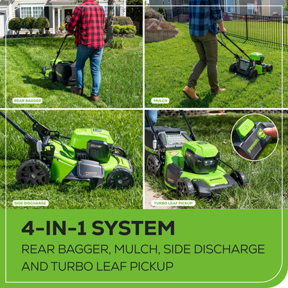 Greenworks 48V (2x24V) 20" Brushless Mower+12" String Trimmer +320CFM Blower,(2) 4.0Ah Batteries and 4A Dual Port Charger