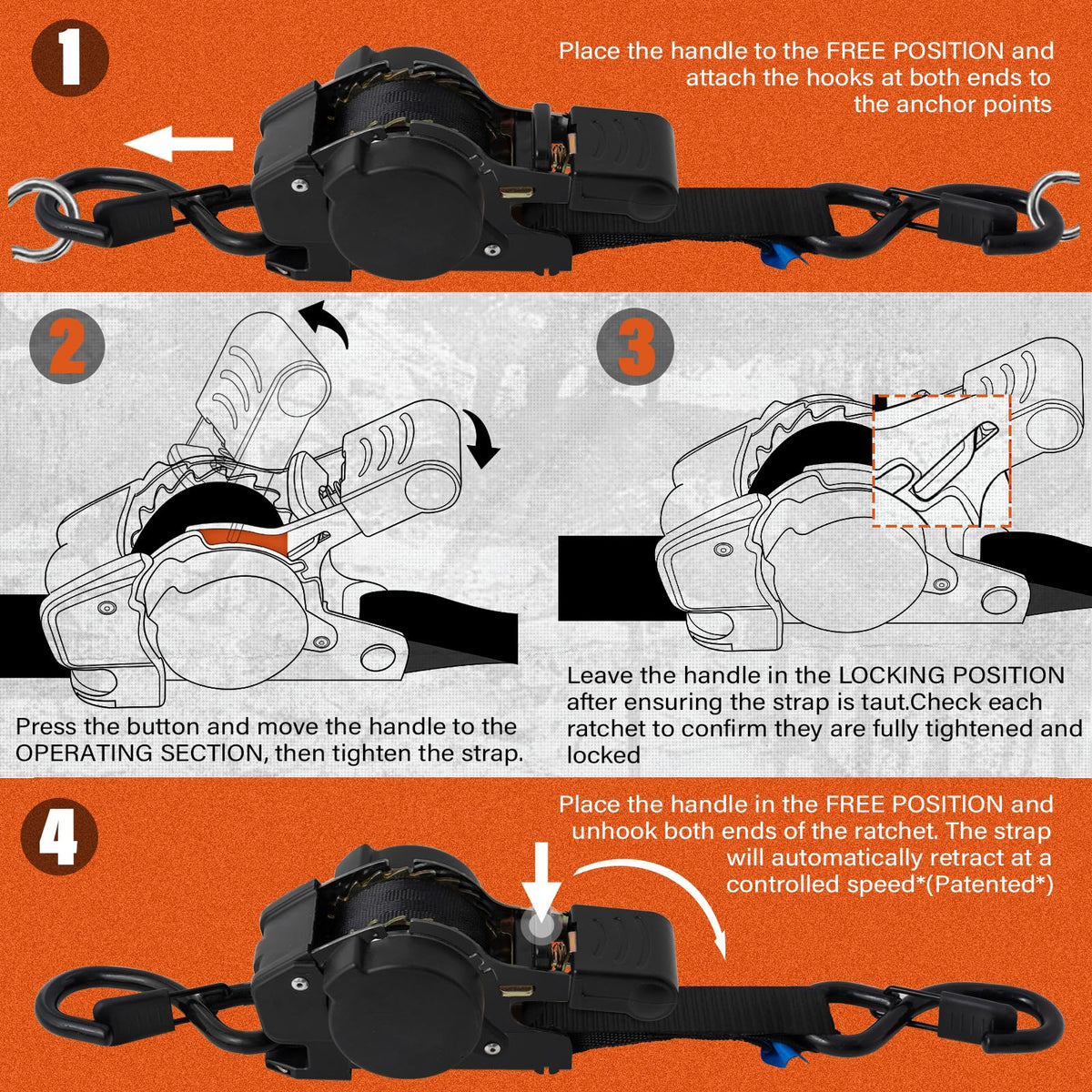 Haccoplanet Retractable Ratchet Straps 1763lb Break Strength, Heavy Duty 1” Auto Retract Tie Down Ratchet Straps Upgraded Controlled Retraction Ratchet Strap for Trailer, Motorcycle, ATV (10FT-4PK)