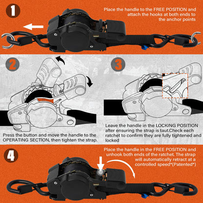 Haccoplanet Retractable Ratchet Straps 1763lb Break Strength, Heavy Duty 1” Auto Retract Tie Down Ratchet Straps Upgraded Controlled Retraction Ratchet Strap for Trailer, Motorcycle, ATV (10FT-4PK)