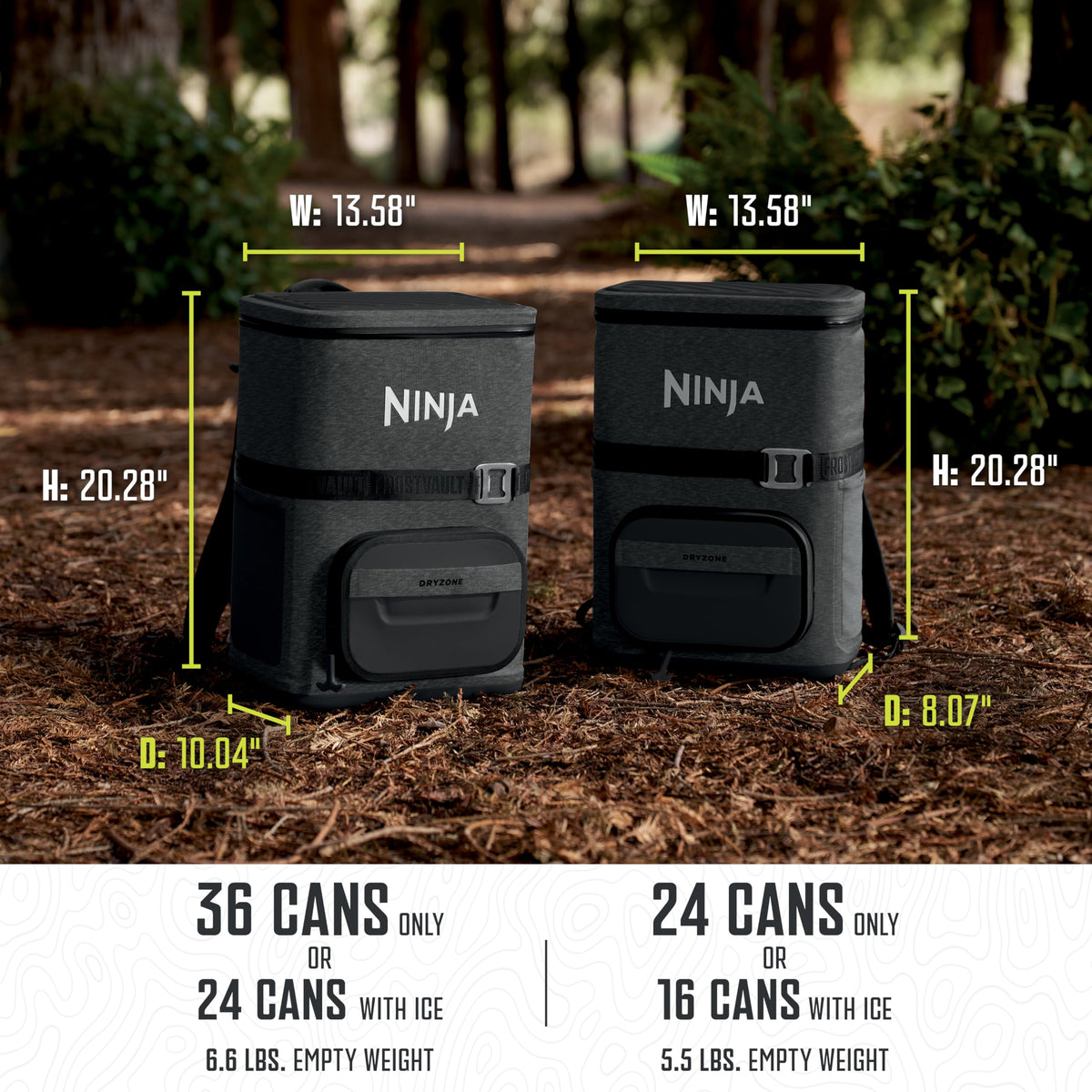 Ninja | Backpack Cooler | FrostVault Go 24 Can Soft Cooler | Leakproof Zipper with Built in Can Opener, 2 Ice Packs & Dry Storage Drawer | for Hiking, Camping & More | Charcoal Gray | FF124CG