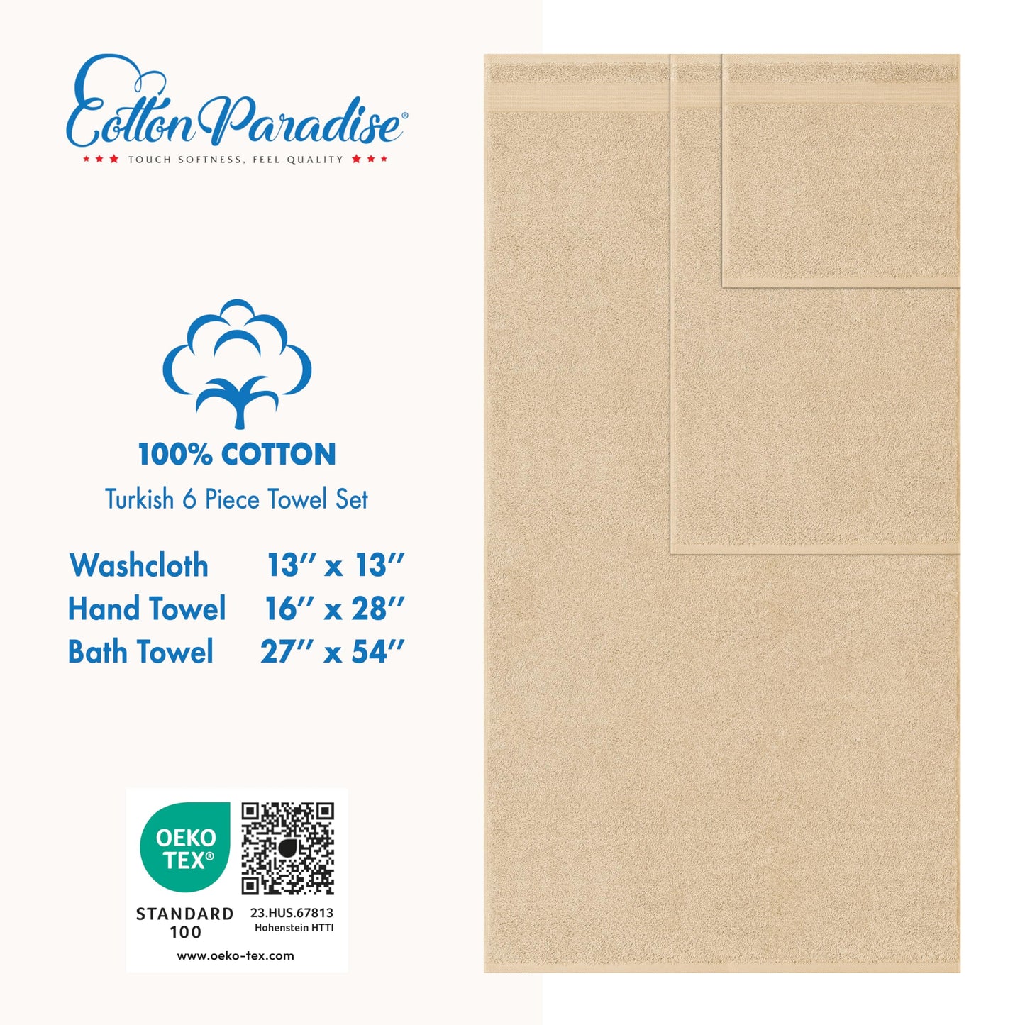 Cotton Paradise 6 Piece Towel Set, 100% Cotton Soft Absorbent Turkish Towels for Bathroom, 2 Bath Towels 2 Hand Towels 2 Washcloths, Beige Towel Set