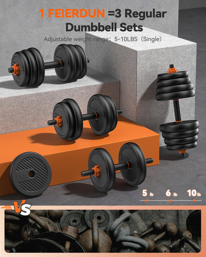 FEIERDUN Adjustable Dumbbells, 20lbs Free Weight Set with Connector, 4 in1 Dumbbells Set Used as Barbell, Kettlebells, Push up Stand, Fitness Exercises for Home Gym Suitable Men/Women