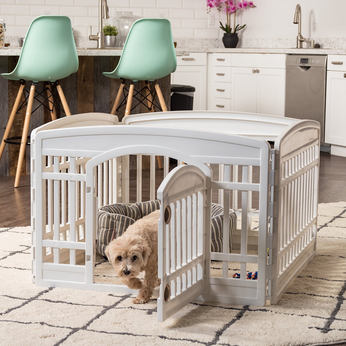 IRIS USA 24" 4-Panel Pet Dog Puppy Playpen with Door, for Puppies and Small Dogs, Keep Pets Secure, Easy Assemble, Fold It Down, Easy Storing, Customizable, White