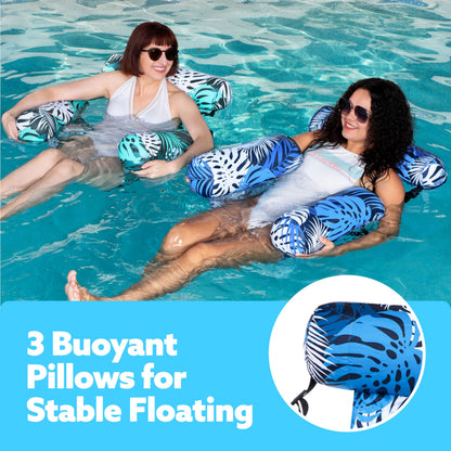 Sloosh Pool Floats Adult, 2 Packs Inflatable Pool Lounge Chairs,Blow up Hammock Pool Noodles Floats for Adults,Floating Water Chair for Pool Party Lake River Water Fun(Tropical Leaves-Green,Blue)