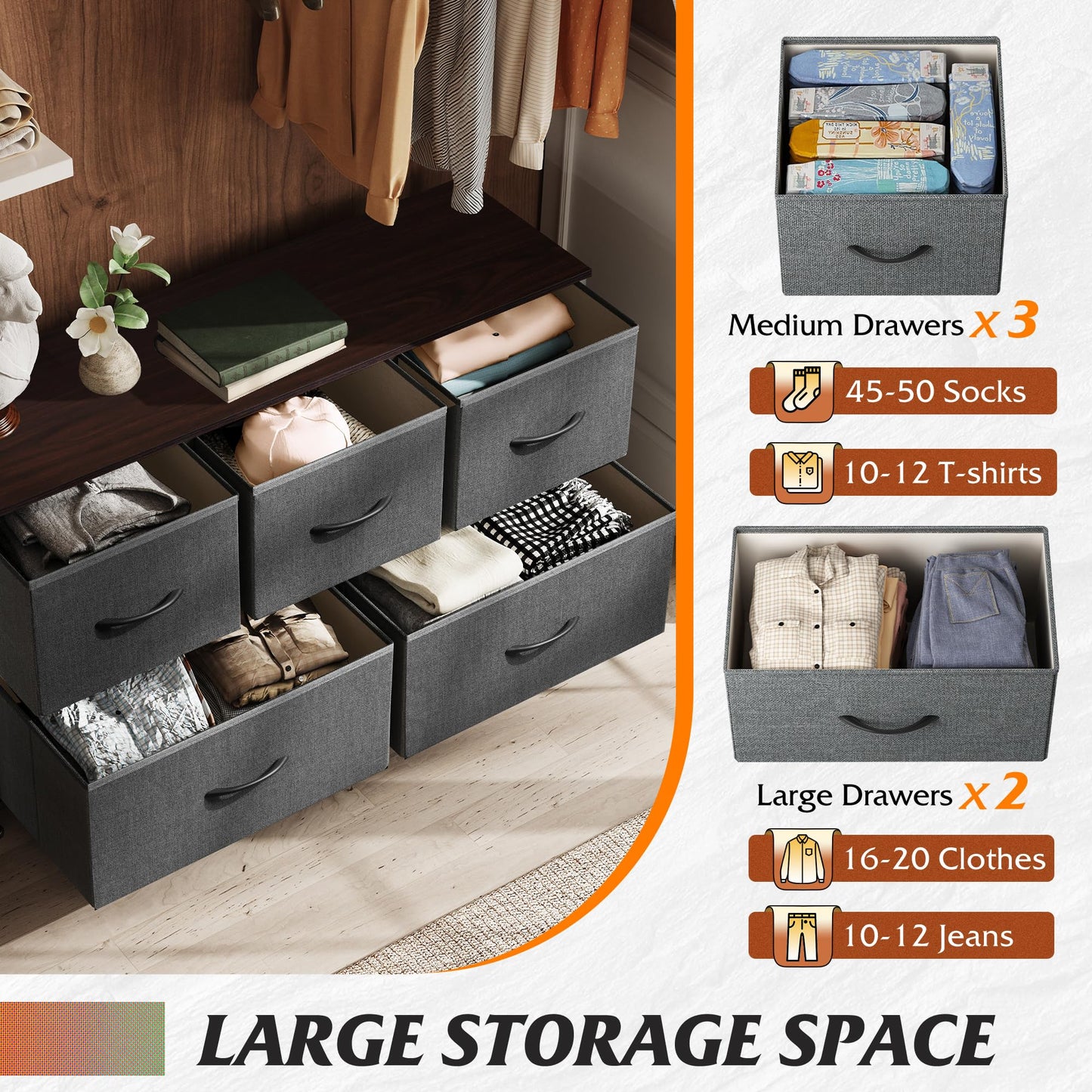 WLIVE Dresser for Bedroom with 5 Drawers, Wide Chest of Drawers, Fabric Dresser, Storage Organizer Unit with Fabric Bins for Closet, Living Room, Hallway, Dark Grey