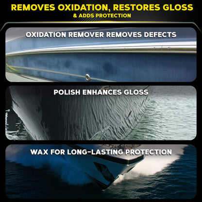 Meguiar's M4965 Marine/RV Fiberglass Restoration System, 3-Piece Marine Fiberglass Repair Kit Featuring Oxidation Remover for Boat Care Plus Boat Polish and Wax