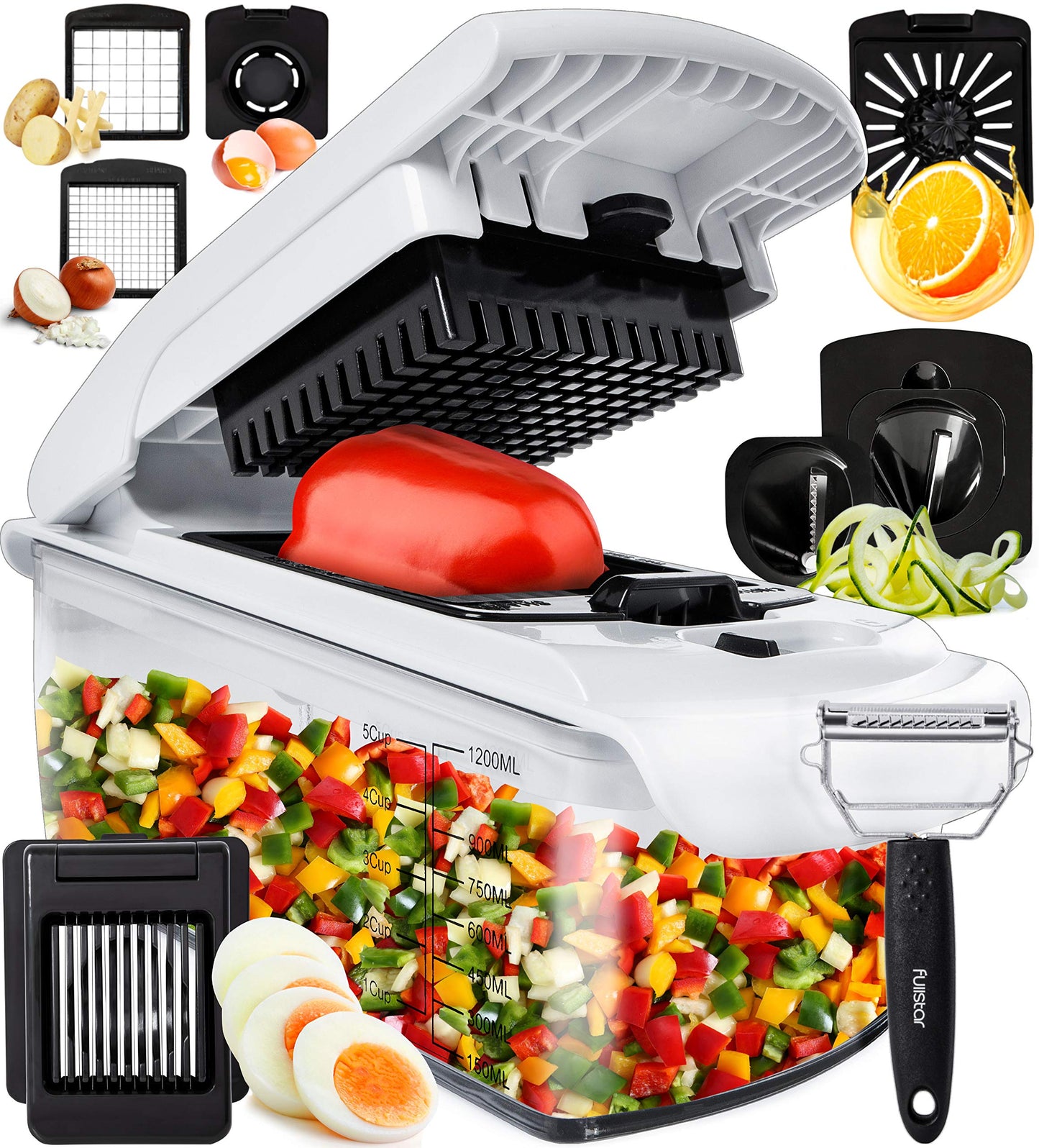 Fullstar Vegetable Chopper and Spiralizer - Food Chopper with Container, Fruit Slicer, Kitchen Gadgets & Accessories, Home Essentials (9 in 1, White)