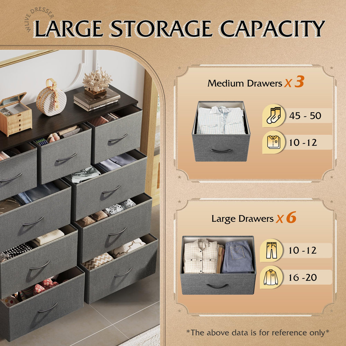 WLIVE 9-Drawer Dresser, Fabric Storage Tower for Bedroom, Hallway, Entryway, Closet, Tall Chest Organizer Unit with Fabric Bins, Steel Frame, Wood Top, Easy Pull Handle, Dark Grey