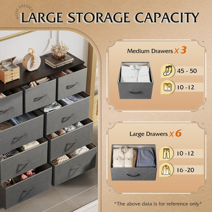 WLIVE 9-Drawer Dresser, Fabric Storage Tower for Bedroom, Hallway, Entryway, Closet, Tall Chest Organizer Unit with Fabric Bins, Steel Frame, Wood Top, Easy Pull Handle, Dark Grey