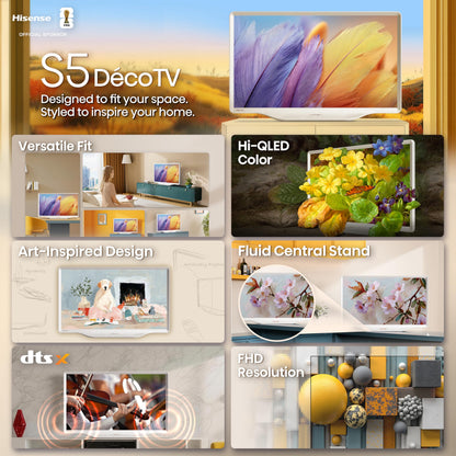 Hisense 32-Inch S5 DécoTV Series QLED FHD Smart Fire TV (32S5QF, 2025 Model) - Versatile Fit, Hi-QLED Color, Art-Inspired Design, Fluid Central Stand, DTS Virtual: X, Stream Live TV Without Cable