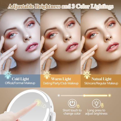 MOMOKUBA Makeup Mirror with Lights, Double Sided 1x/20x Magnifying Mirror with Light, Rechargeable 3 Color Lights and Adjustable Brightness, 360° Rotation Detachable Comes with Tweezer(White)