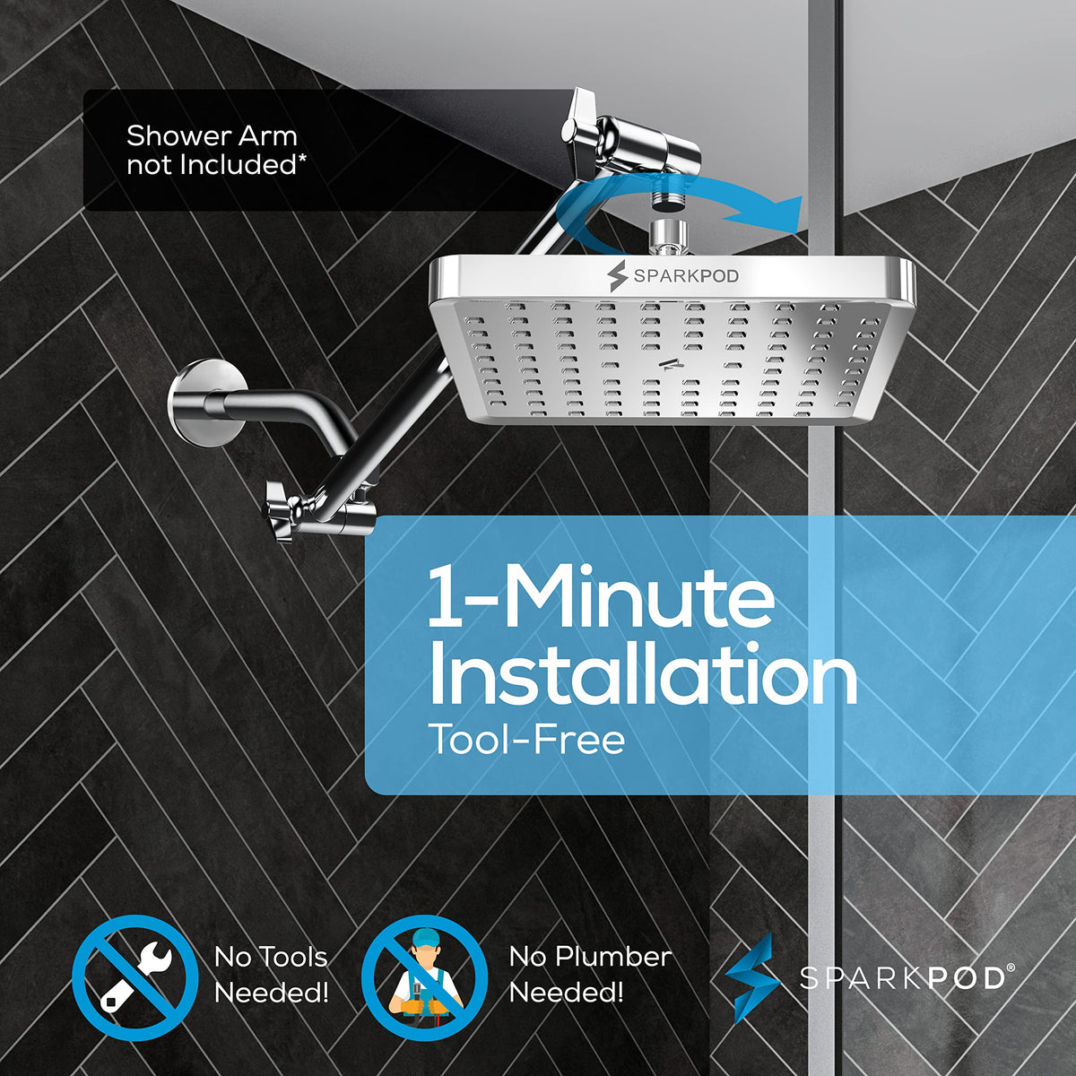 SparkPod Shower Head - High Pressure Rain - Premium Quality Luxury Design - 1-Min Install - Easy Clean Adjustable Replacement for Your Bathroom Shower Heads (Luxury Polished Chrome, 8 Inch Square)