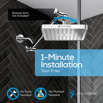 SparkPod Shower Head - High Pressure Rain - Premium Quality Luxury Design - 1-Min Install - Easy Clean Adjustable Replacement for Your Bathroom Shower Heads (Luxury Polished Chrome, 8 Inch Square)