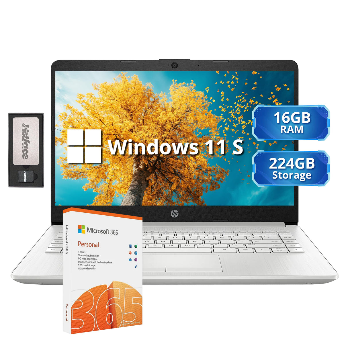 HP Stream 14" HD Lightweight Laptop, Intel Celeron N4120, 16GB RAM, 224GB Storage(64GB eMMC + 160GB Docking Station), Intel UHD Graphics, HD Webcam, 1 Year Office 365, WiFi, Bluetooth, Win 11s, Silver