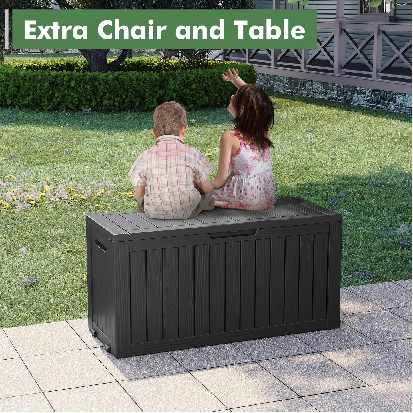 NUNU LAB 75 Gallon Outdoor Storage Box,Large Resin Sturdy Deck Box, Backyard Outside Storage Box Waterproof with Double Wall Panels,Package Delivery Garden Hose Storage Bin Outdoor Tool