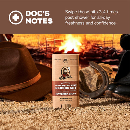 Dr. Squatch Natural Men’s Deodorant – Aluminum Free Natural Deodorant Men with Charcoal & Postbiotics for 72-Hour Odor Protection – Maverick Musk, 2.65oz Stick (3-Pack)