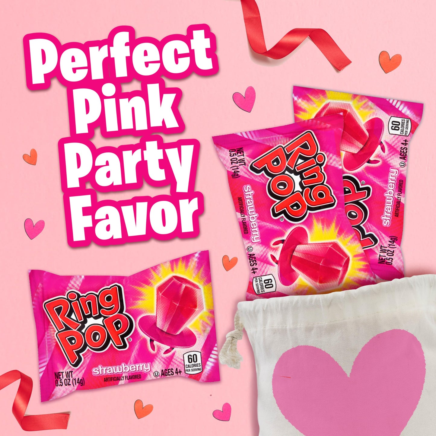 Ring Pop Pink Valentine's Candy, Individually Wrapped Pink Lollipops, Strawberry 30 Ct Bulk Suckers for Kids, Fun Candy for Gender Reveals, Valentine's Gifts, Goodie Bags, Party Favors