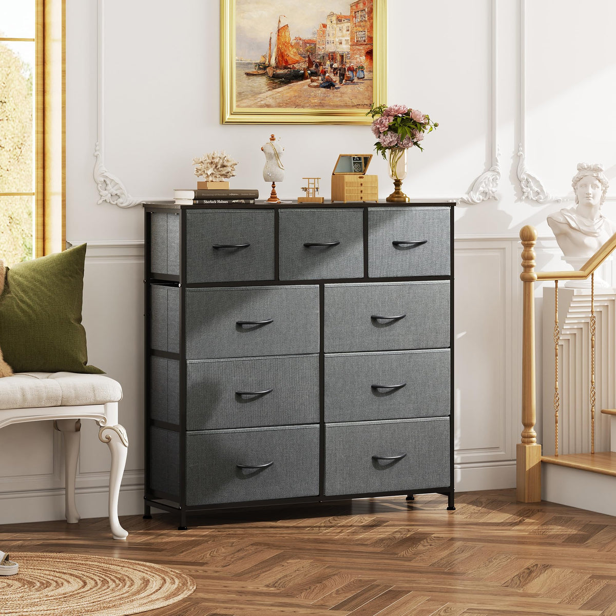 WLIVE 9-Drawer Dresser, Fabric Storage Tower for Bedroom, Hallway, Entryway, Closet, Tall Chest Organizer Unit with Fabric Bins, Steel Frame, Wood Top, Easy Pull Handle, Dark Grey