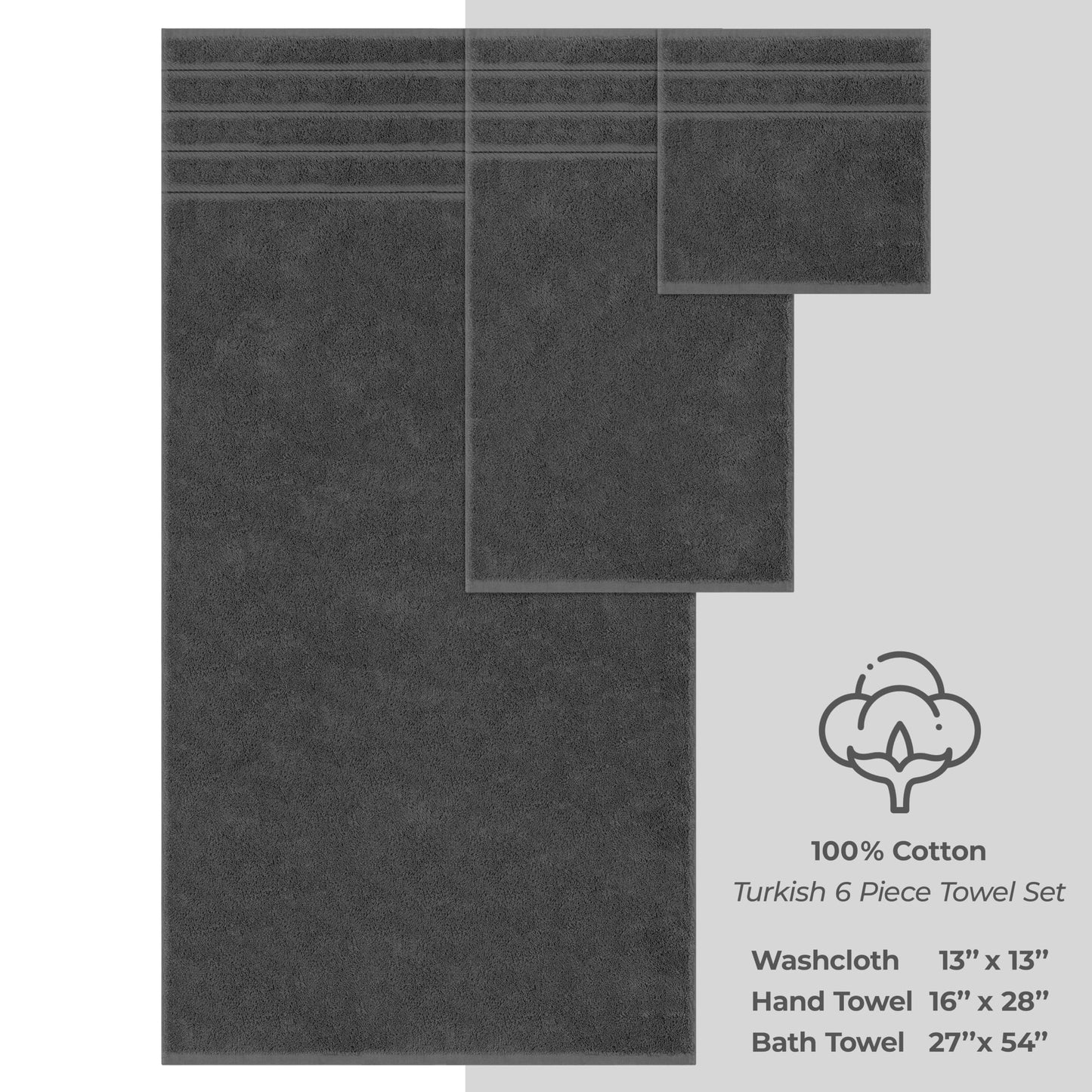 American Soft Linen Luxury 6 Piece Towel Set, 2 Bath Towels 2 Hand Towel 2 Washcloths, 600 GSM 100% Cotton Turkish Towels for Bathroom, Dark Gray Towel Sets