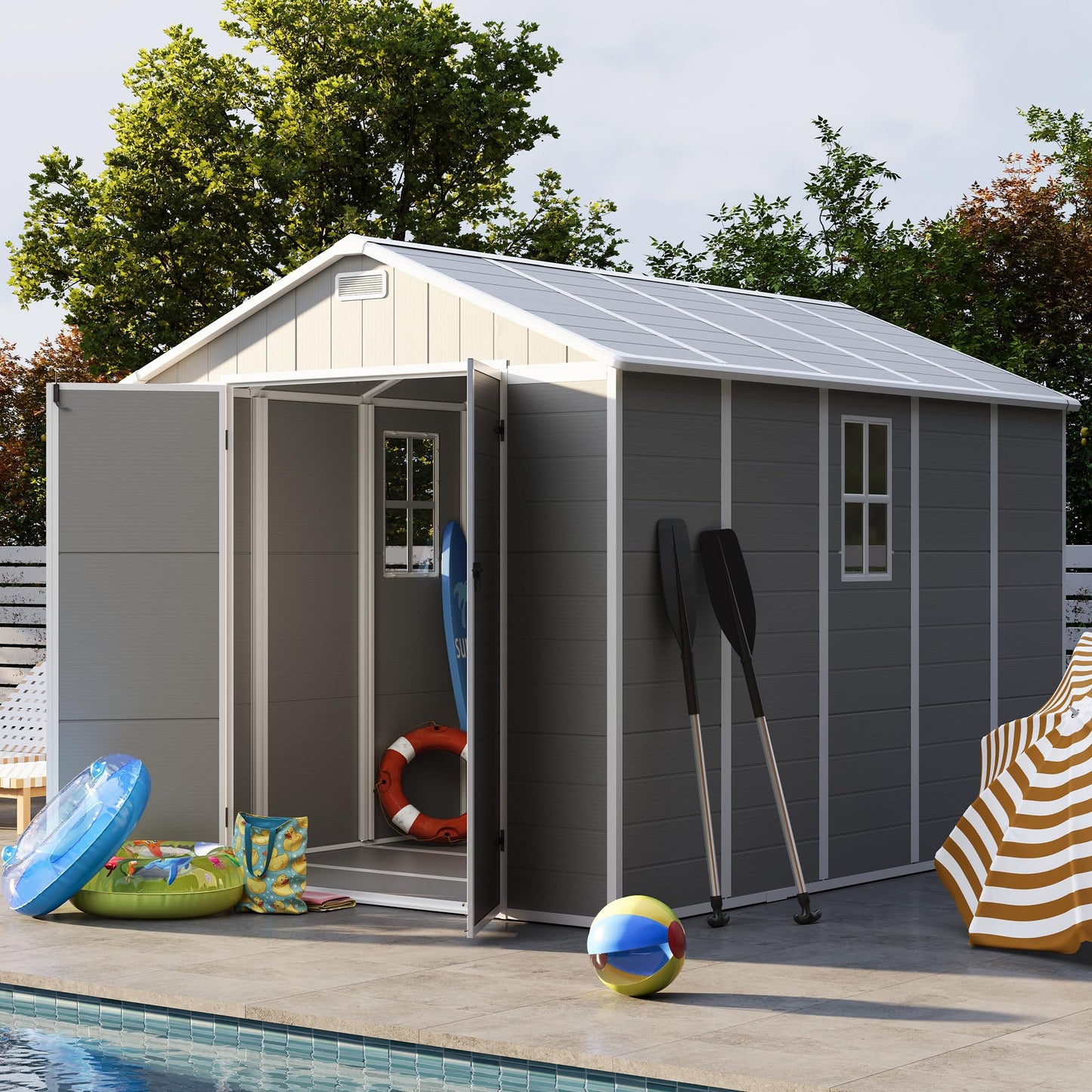 UDPATIO Storage Shed 8 x 10 FT, Resin Outdoor Garden Sheds with Floor Plastic Patio Outdoor Storage with Lockable Door for Tool, Bike, Garbage Gray White
