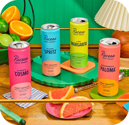 Recess Zero Proof Craft Mocktails, Alcohol Free Drinks, With Adaptogens, Non-Alcoholic Beverage Replacement, Mixer, Celebration, Party, (Happy Hour Sampler, 12oz, Pack of 12)