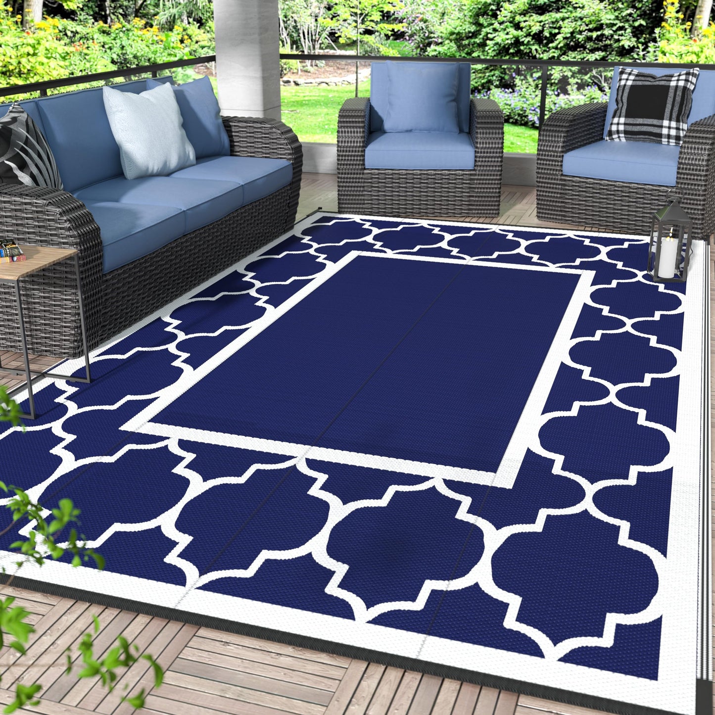 GENIMO 6' x 9' Outdoor Rug Waterproof for Patio Decor, Foldable Reversible Plastic Straw Area Rugs Mat for Camper, Outside Carpet for Rv, Deck, Porch, Picnic, Beach, Balcony, Blue & Grey