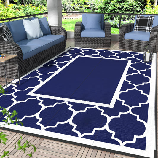 GENIMO 6' x 9' Outdoor Rug Waterproof for Patio Decor, Foldable Reversible Plastic Straw Area Rugs Mat for Camper, Outside Carpet for Rv, Deck, Porch, Picnic, Beach, Balcony, Blue & Grey