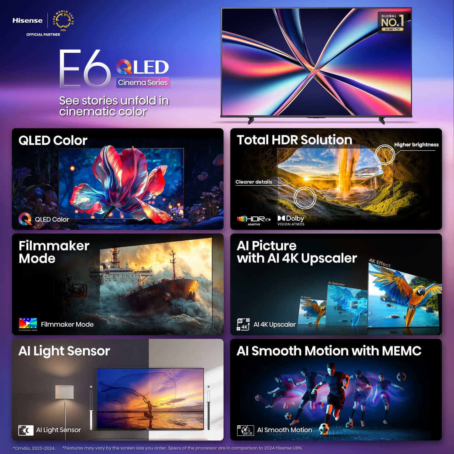Hisense 50" E6 Cinema Series QLED 4K UHD Smart Fire TV (50E6QF, 2025 Model) - QLED, AI Light Sensor, Dolby Vision · Atmos, Voice Remote with Alexa, Motion Rate 120, HDR 10+ Adaptive, Game Mode Plus