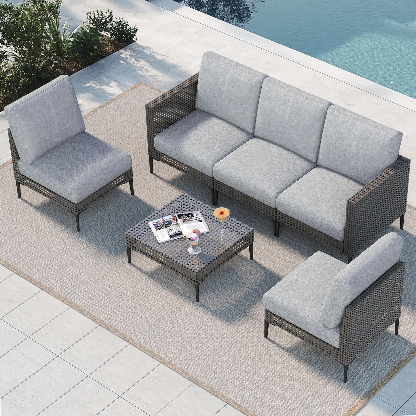 Jocoevol Outdoor Patio Sofa Conversation Set–Rattan 5 Seats Comfortable Couch for Garden, Yard, Weatherproof–Includes Glass Table, Armless Chairs, and Three-Seater Sofa