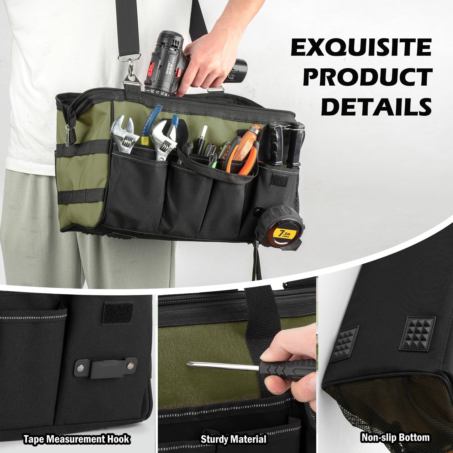 Heavy Duty Tool Bag, 15 Inch Portable Tool Organizer with Adjustable Shoulder Strap, Tactical Tool Tote with Large Zipper Storage