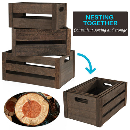 ELONG HOME 3 Pack Nesting Wooden Crates, Rustic Wood Basket with Handles, Decorative Farmhouse Wooden Storage Boxes