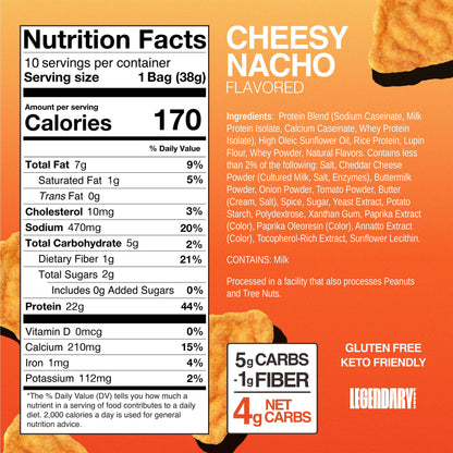Legendary Foods Cheesy Nacho Protein Chips – Popped Tortilla Style – 22g High Protein, 4g Net Carbs, Low Sugar, Gluten Free, Keto Snack Packs – 10 Count – Healthy Crunchy Chips