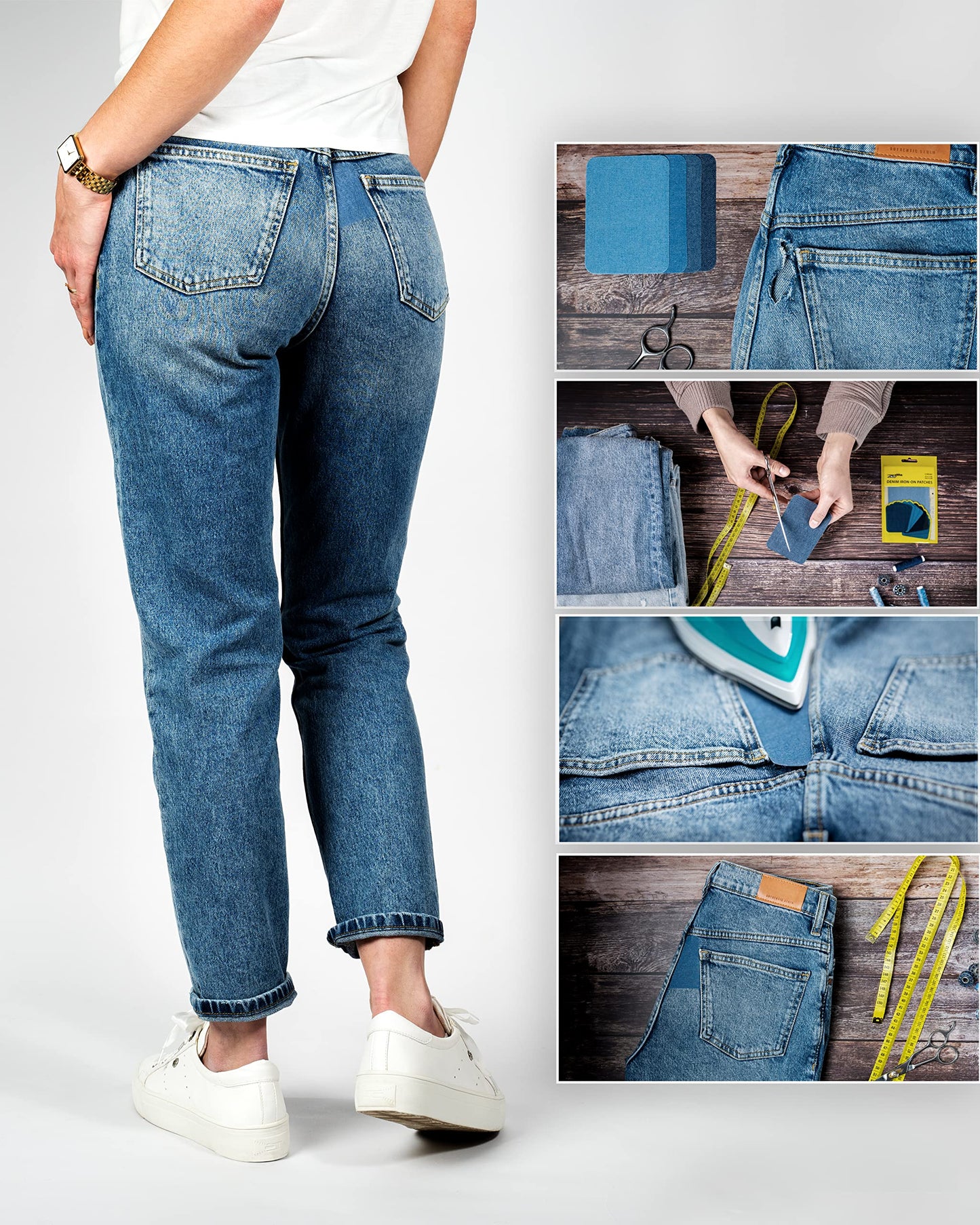 ZEFFFKA Denim Iron-on Patches Inside & Outside Strongest Glue 100% Cotton Black and White Repair Decorating Kit 12 Pieces Shades of Blue Size 3" by 4-1/4" (7.5 cm x 10.5 cm)