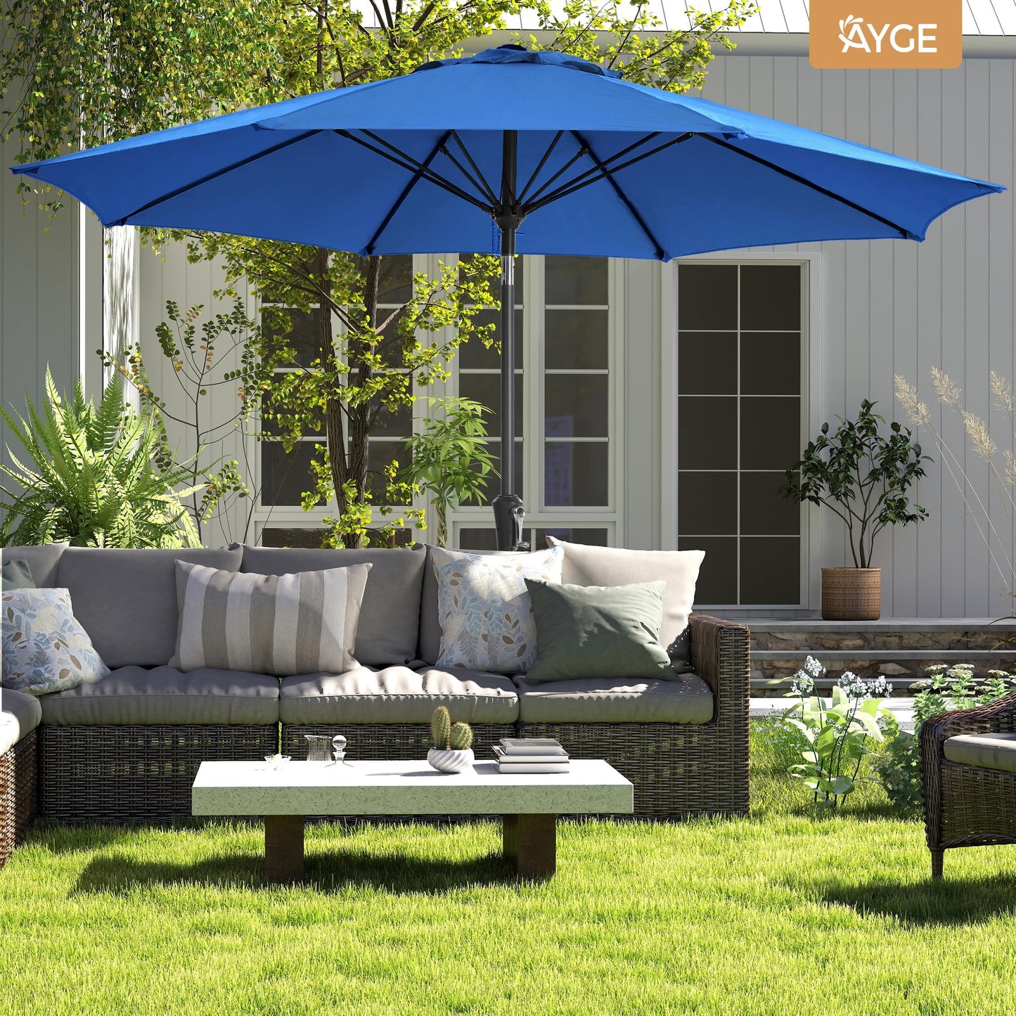 Ayge 9FT Large Outdoor Patio Umbrella Market Table Umbrella-UV Resistant, Easy Push Button Tilt and Crank, 8 Sturdy Fiberglass Ribs Heavy-Duty Pool Umbrella for Deck, Backyard,Garden, Yard,Blue