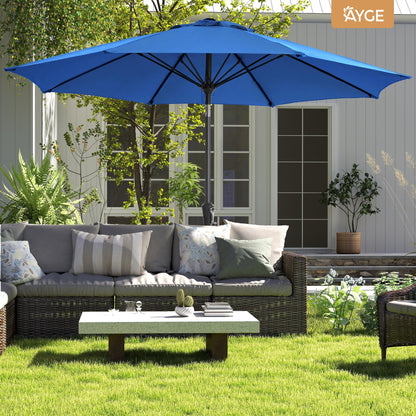 Ayge 9FT Large Outdoor Patio Umbrella Market Table Umbrella-UV Resistant, Easy Push Button Tilt and Crank, 8 Sturdy Fiberglass Ribs Heavy-Duty Pool Umbrella for Deck, Backyard,Garden, Yard,Blue