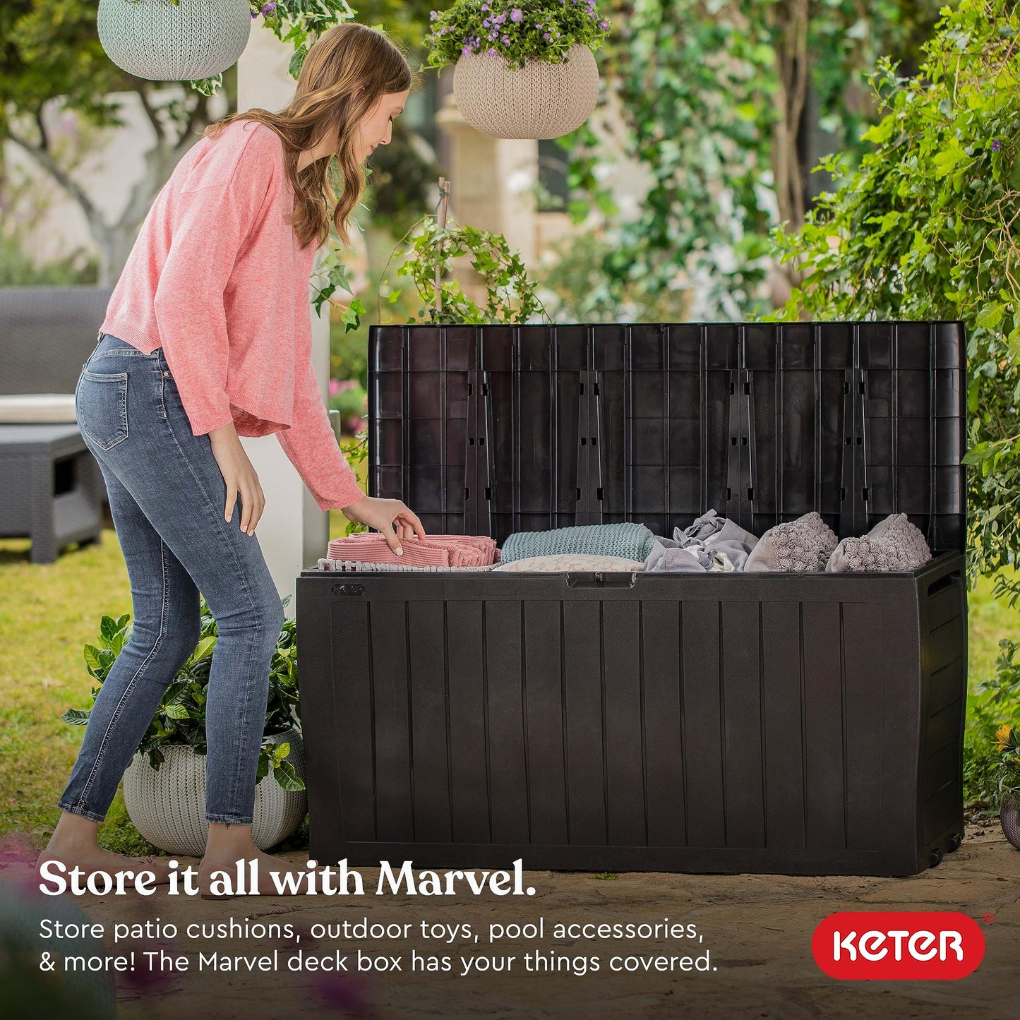 Keter Marvel Plus 71 Gallon Resin Outdoor Storage Box for Patio Storage Box Cushions, Throw Pillows, Garden Tools and Pool Floats, Brown