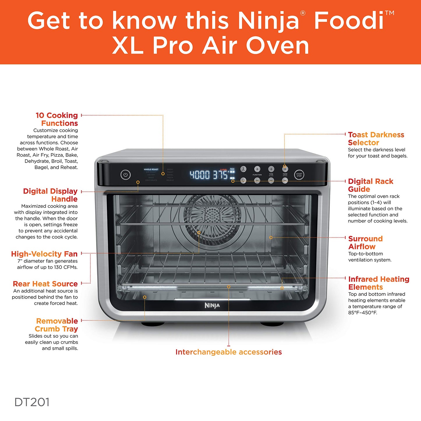 Ninja Air Fryer & Toaster Oven | Foodi Series, XL Pro Air Oven Kitchen Countertop Convection | 10-in-1 Functions | Fits a 5-lb Chicken & Sheet Pan of Vegetables | 1800 Watts | Stainless Steel | DT201