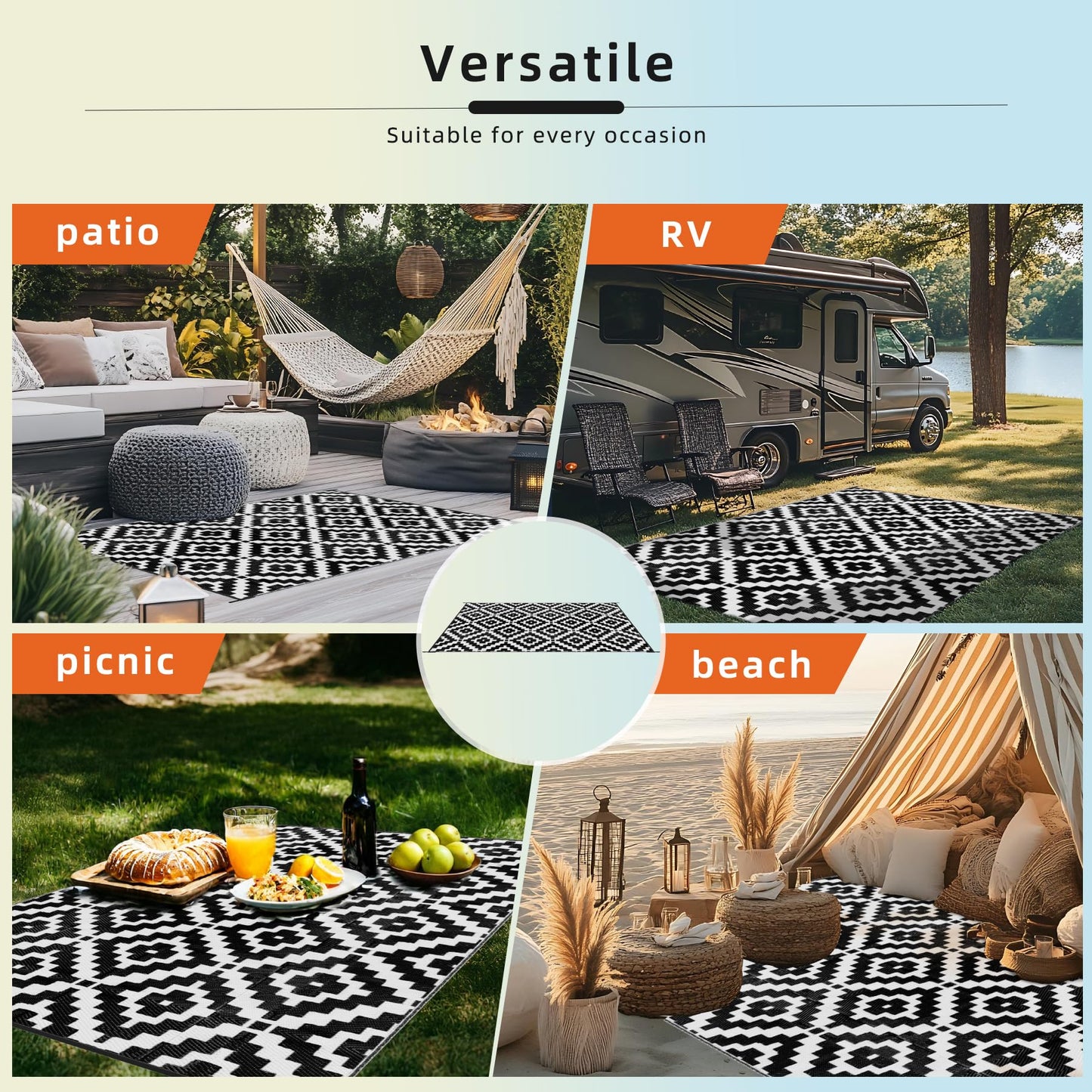 Favoyard Outdoor Rug 5x8 ft Waterproof Reversible Patio Plastic Straw Rugs for Decor Clearance Outside Large RV Camping Area Carpet Mat for Porch Deck Balcony Pool Backyard Picnic Beach Camper Door