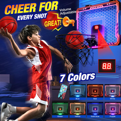 ropoda Indoor Basketball Hoop, Mini Hoop with 7 LED Lights, 3 Modes Scoreboard, Mini Hoop with 4 Balls Over The Door, Basketball Hoop Indoor, Toys Gifts for Kids Adults