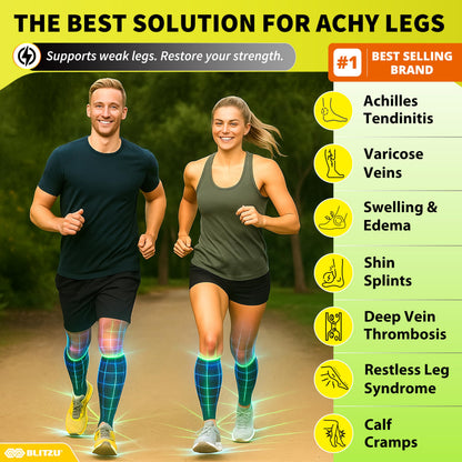 BLITZU Calf Compression Sleeves for Men and Women. Footless Compression Socks Support for Varicose Vein, Nursing, Running. Leg Sleeve Brace for Shin Splints, Pain Relief & Reduces Swelling Black L-XL