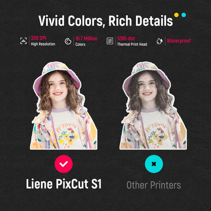 Liene PixCut S1 Color Sticker Printer & Cutting Machine - All-in-One Sticker Maker for DIY Crafts, Custom Labels & Gifts. Thermal Dye-Sublimation Photo Printer, 300 DPI, Precise AI Auto-Cutting