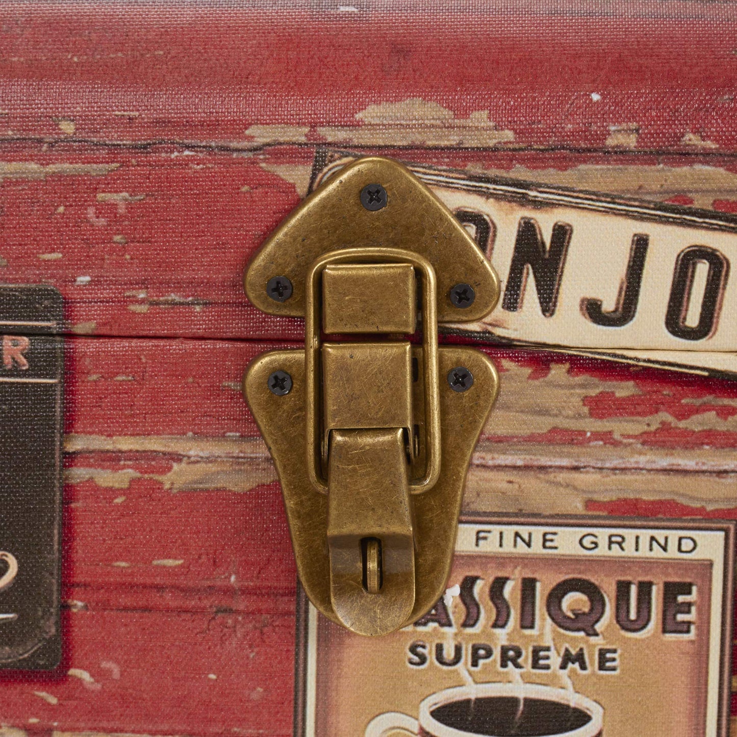 Household Essentials Medium Decorative Trunk, Coffee Shop Faux Decoupage, Antique Exterior, Leather and Metal Accents, Fabric Interior, Hinged Lid, Brown