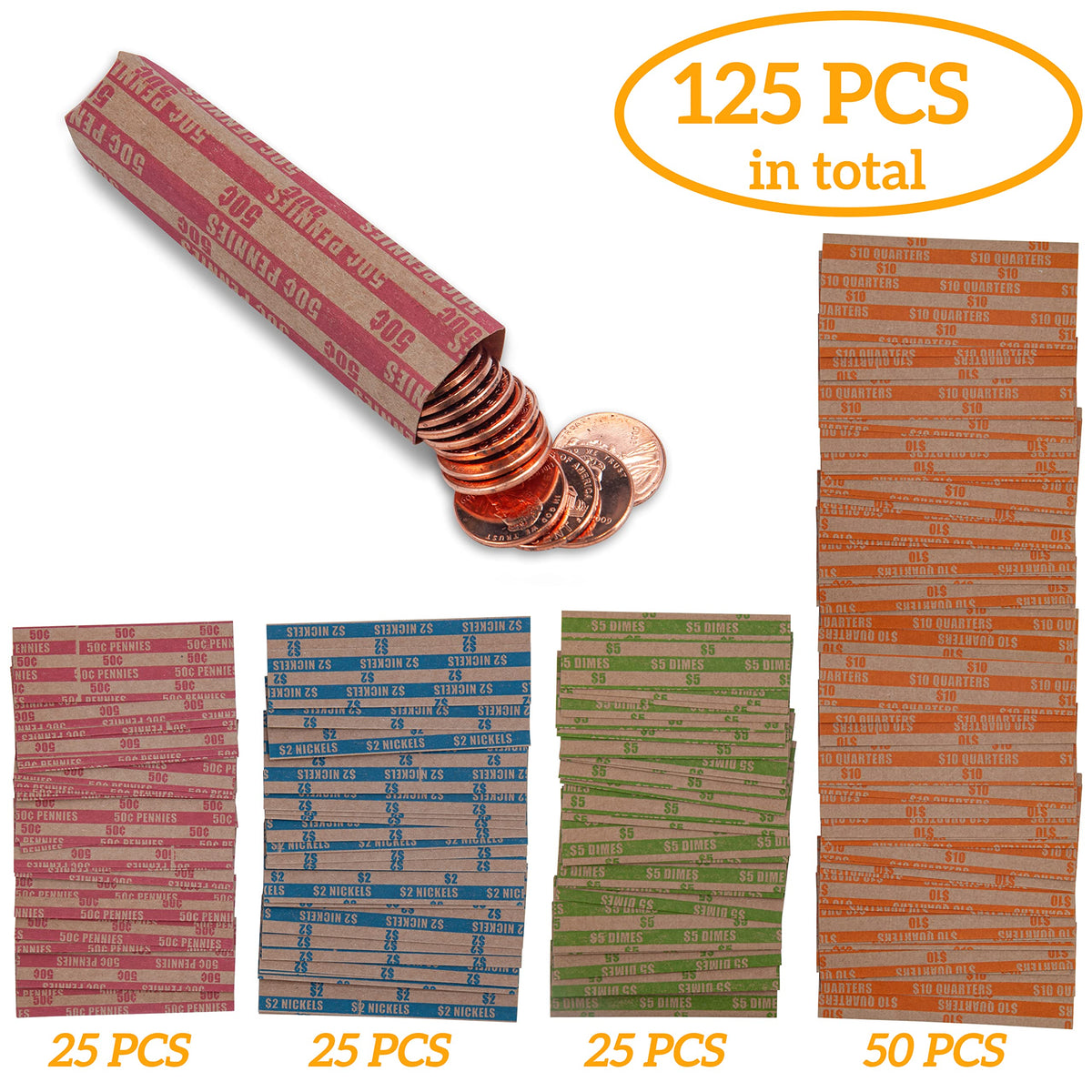 DGBDPACK 125 Assorted Flat Coin Wrappers, 25 Dimes, 25 Nickels, 25 Pennies, 50 Quarters Convenient Pack