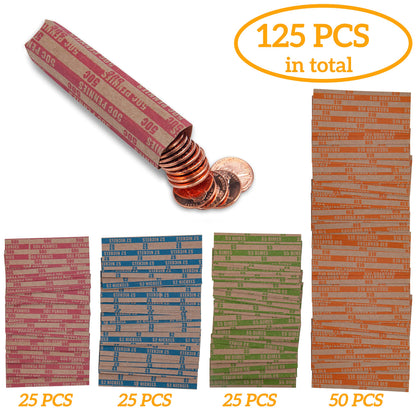 DGBDPACK 125 Assorted Flat Coin Wrappers, 25 Dimes, 25 Nickels, 25 Pennies, 50 Quarters Convenient Pack