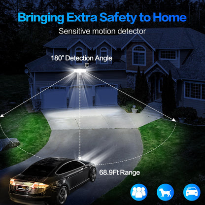 Energetic Solar Outdoor Lights, 1800LM 150 LED Security Motion Sensor Outdoor Lights with Remote Control, IP65 Waterproof Floodlight, 3 Head Motion Detected Spotlight for Garage, Pack of 2 (White)