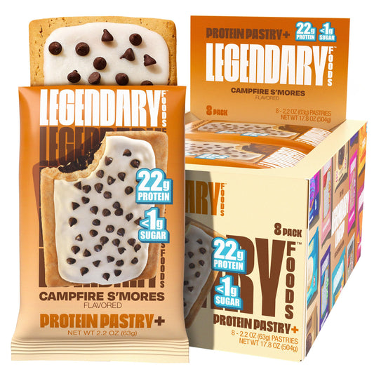 Legendary Foods 22g Protein Pastry+ S'mores Low Carb Meal Replacement Bar - Low Glycemic, Gluten Free Protien Snacks - Healthy Keto Snack Box, 8x Zero Sugar Energy Bars - Bariatric Diabetic Friendly