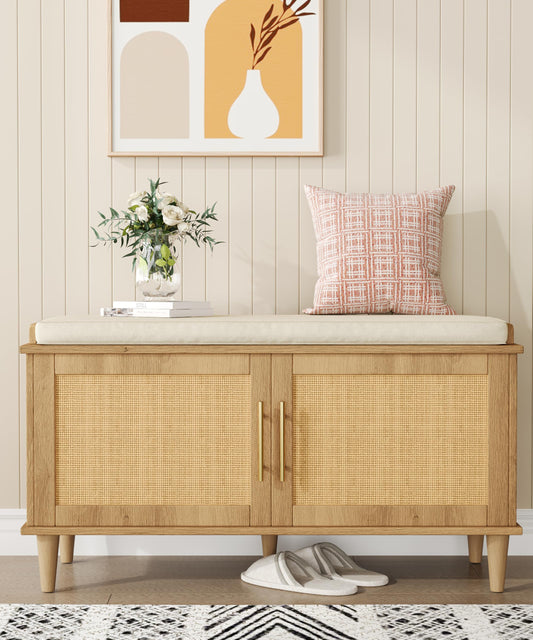Akxomel Rattan Shoe Storage Bench with Cushion, 2-Tier Entryway Bench with Adjustable Shelves and 2 Doors, 15" D x 39.4" W x 20" H, Solid Wood Legs, for Hallway, Living Room, Bedroom, Natural Oak