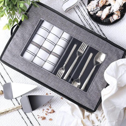 Flatware & Utensil Storage, Durable Silverware Storage Box with Padded Dividers, 5 Compartment Flatware Storage Case, Silverware Case with Handles, Protects and Organizes Cutlery, Grey